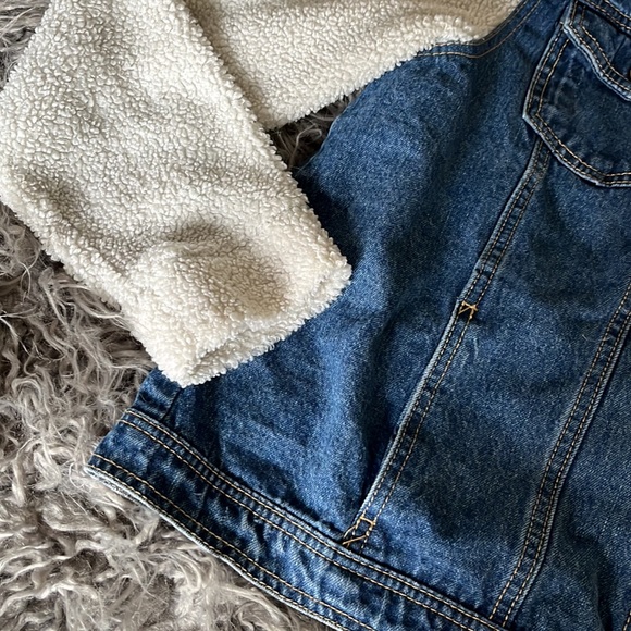 Teddy Sherpa jean jacket XXL white faux fur blue denim button front coat boxyfit - Picture 2 of 10